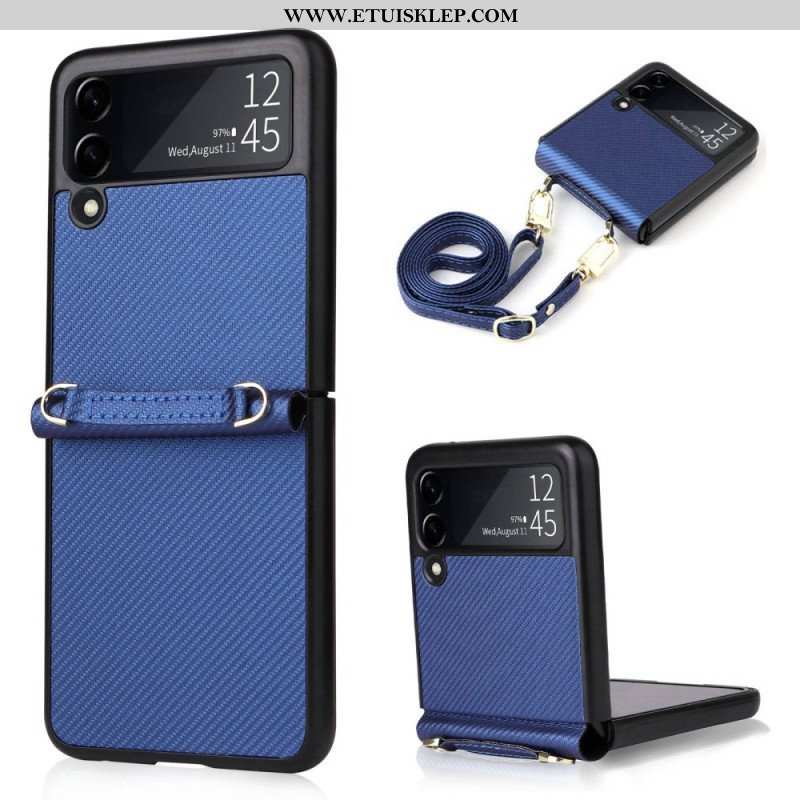 Etui do Samsung Galaxy Z Flip 4 Etui Folio Tekstura Włókna Węglowego Z Efektem Skóry Z Paskiem